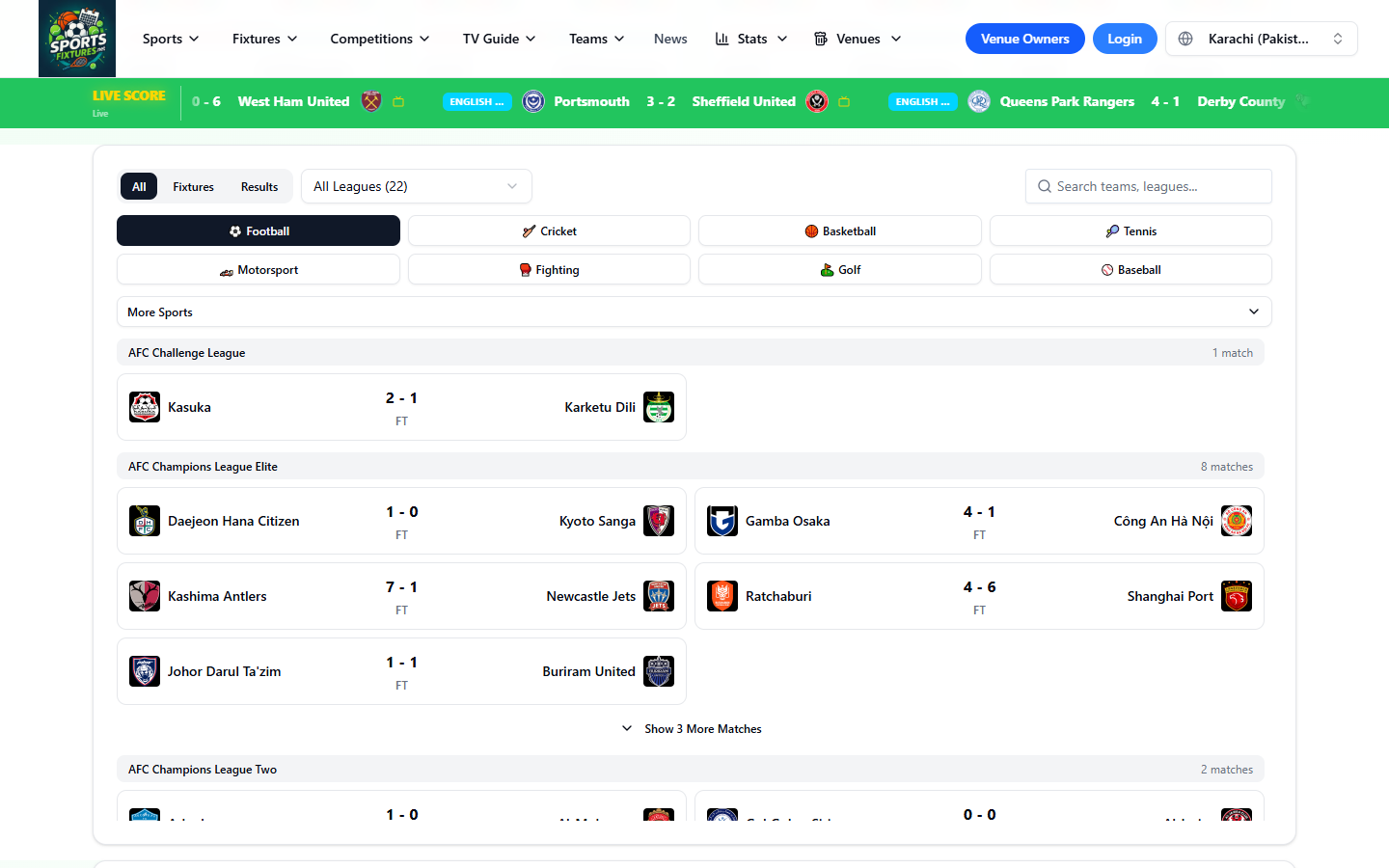 Scores and results by league and sport