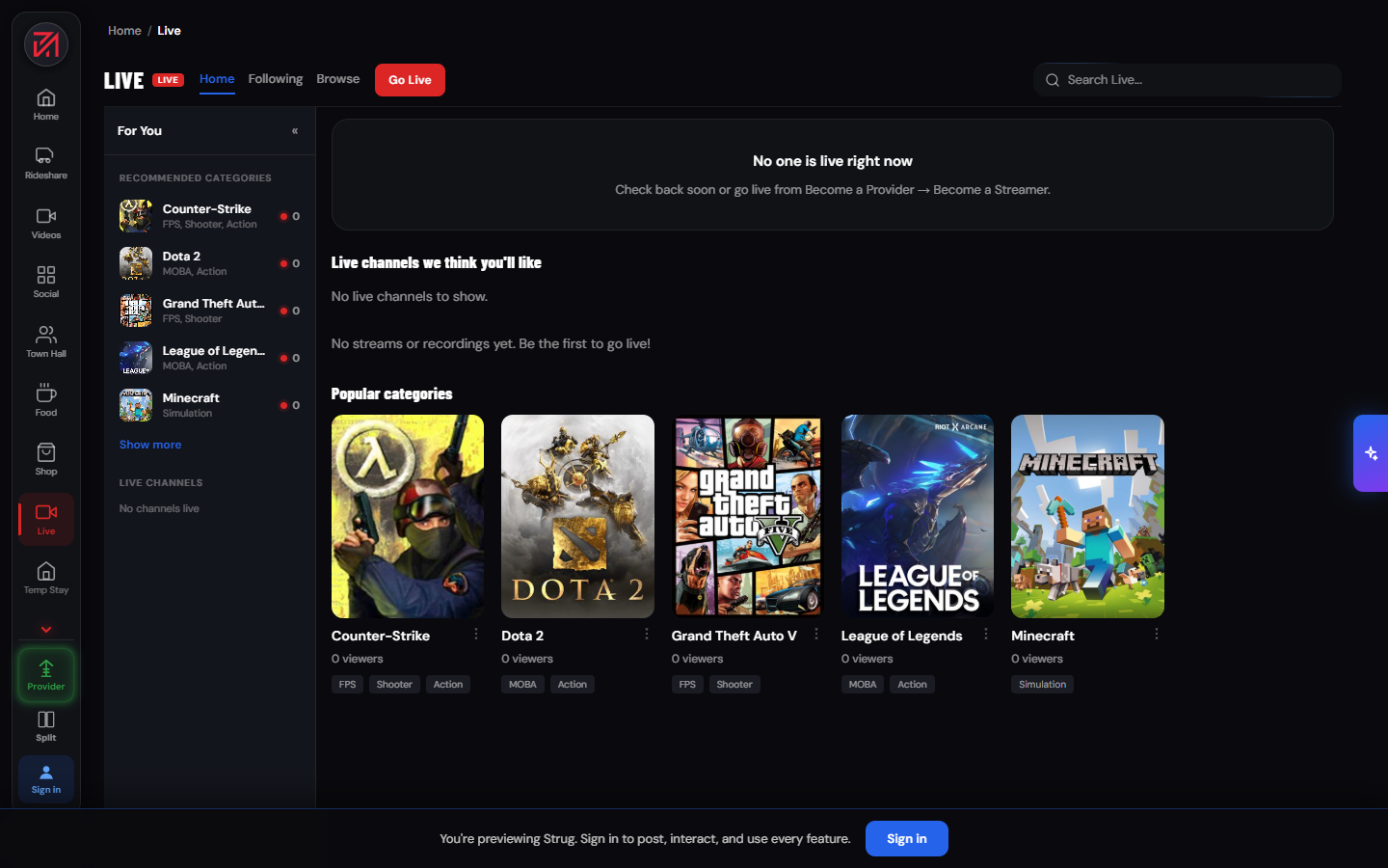 Strug Live: browse, categories and Go Live, the area I built